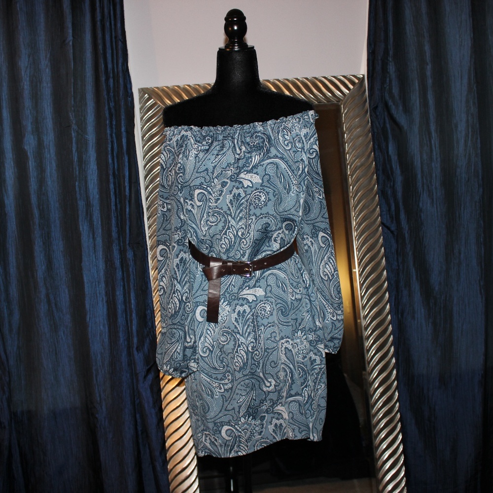 Michael Kors off-shoulder blue paisley dress